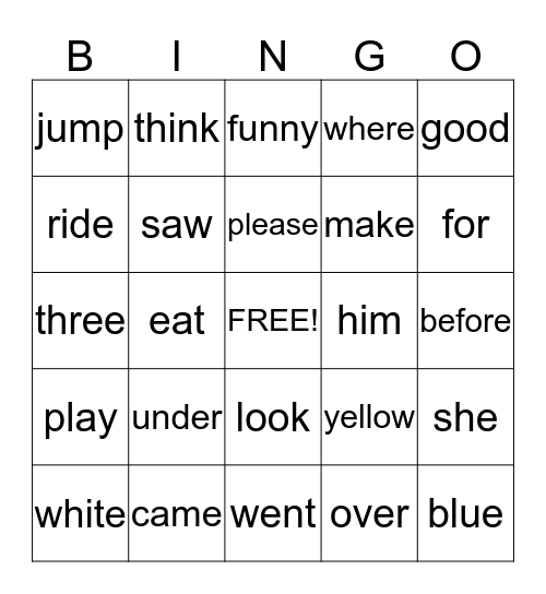 Sight Word Bingo Card