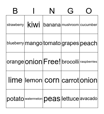 Fruits and Vegetables Bingo Card