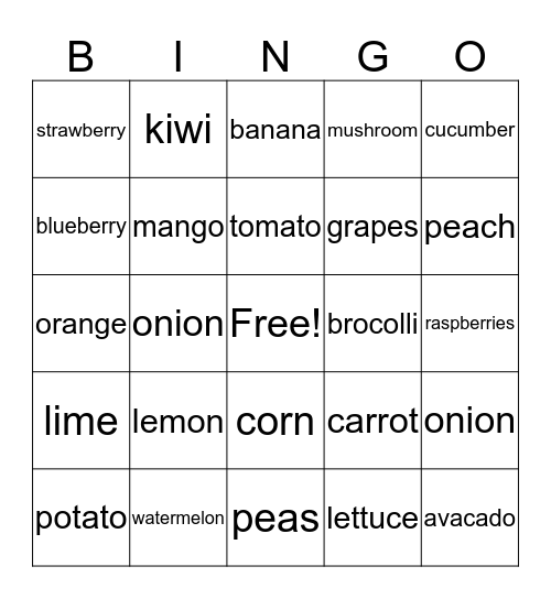 Fruits and Vegetables Bingo Card