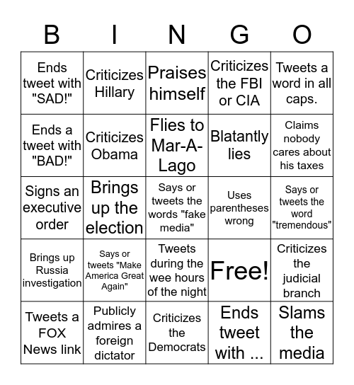 Stupid Dumpster Fire President Daily Bingo Card