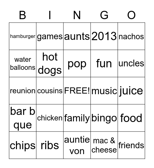 Family Reunion Bingo Card