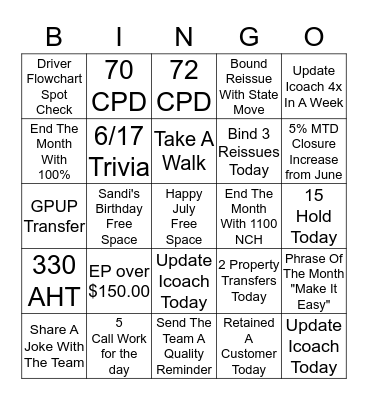 JULY BINGO Card