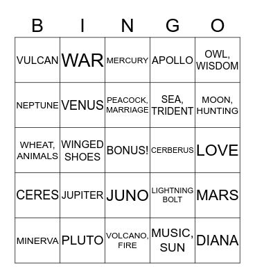 Roman Gods and Goddesses Bingo Card