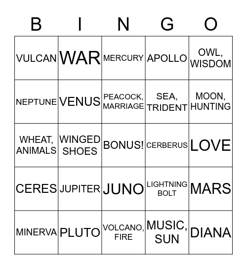 Roman Gods and Goddesses Bingo Card