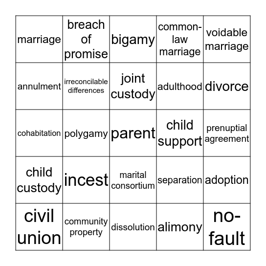 Marriage And Divorce Law Bingo Card