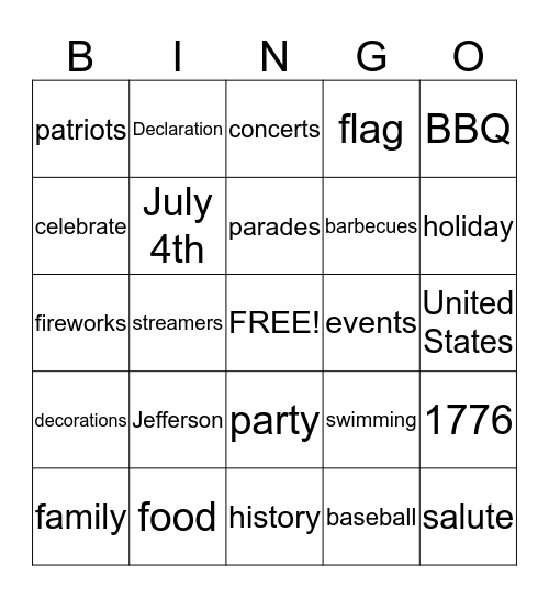 July 4th Bingo Card