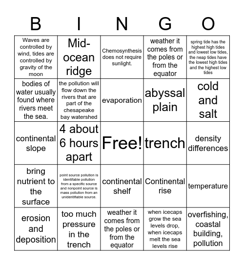 ES 10 Oceans Bingo Card