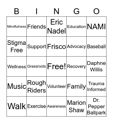 NAMIWalks 2018 Bingo Card