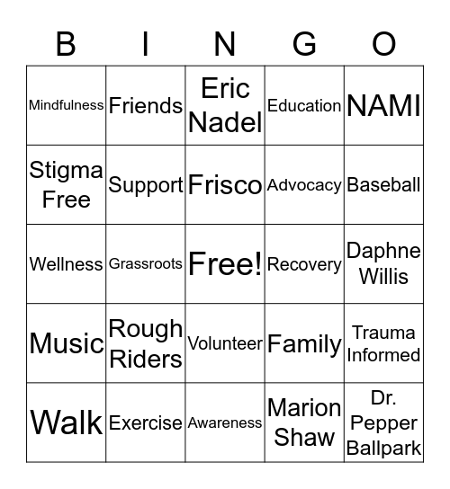 NAMIWalks 2018 Bingo Card