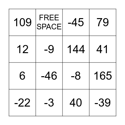 INTEGERS Bingo Card