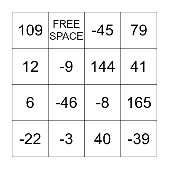 INTEGERS Bingo Card