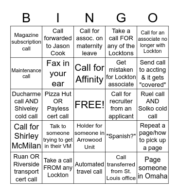 Receptionist Bingo Card