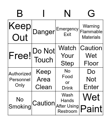 Safety Words at Work Bingo Card