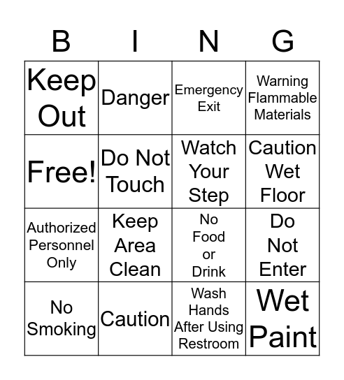 Safety Words at Work Bingo Card