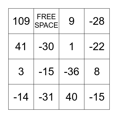 INTEGERS Bingo Card