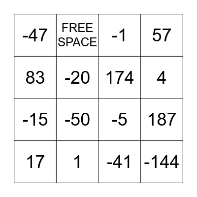 INTEGERS Bingo Card