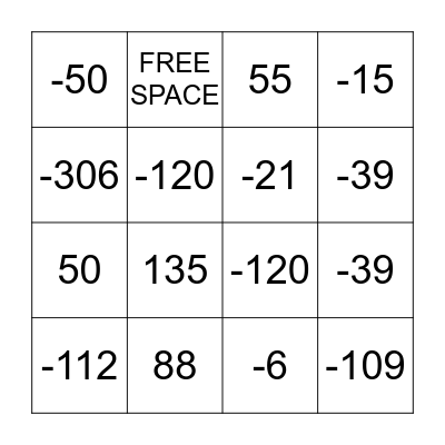 INTEGERS Bingo Card