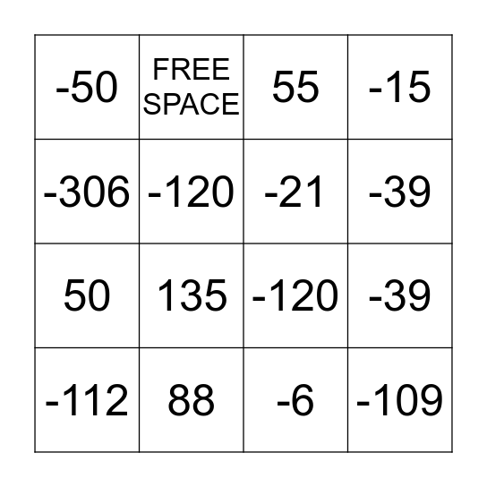 INTEGERS Bingo Card