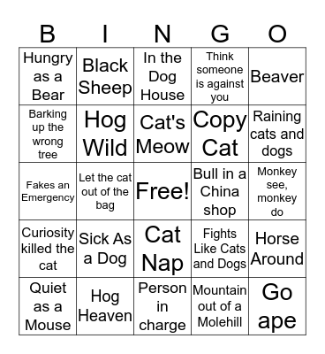 Animal Figurative Language Bingo Card