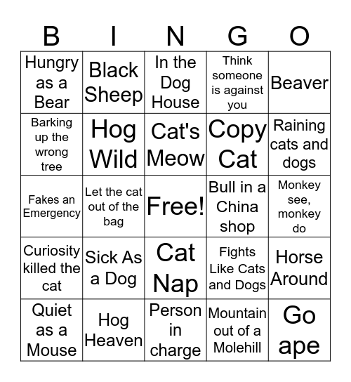 Animal Figurative Language Bingo Card