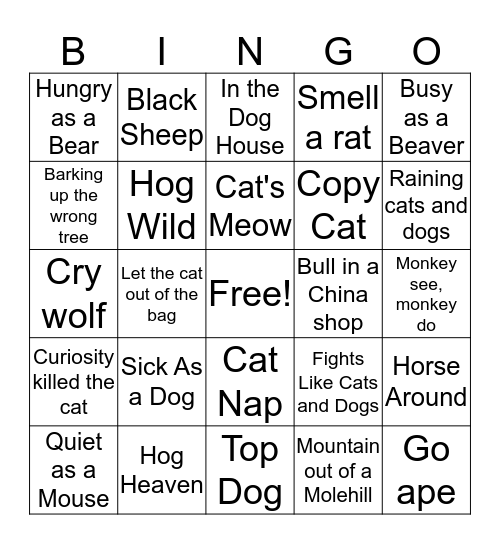 Animal Figurative Language Bingo Card