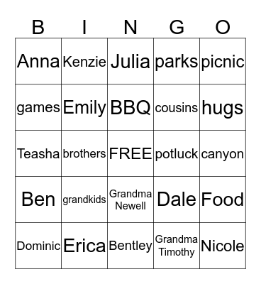 Summer Family Bingo Card