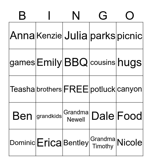 Summer Family Bingo Card