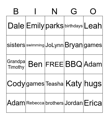 Summer Family Bingo Card