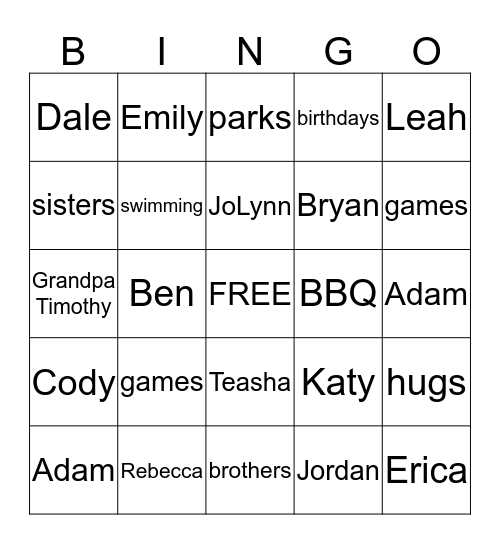 Summer Family Bingo Card