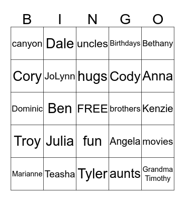 Summer Family Bingo Card