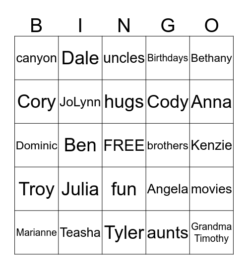 Summer Family Bingo Card