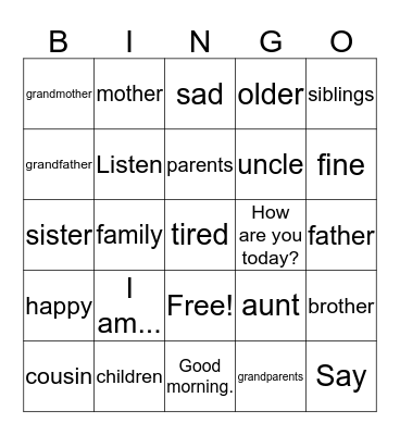 Family Members Bingo Card