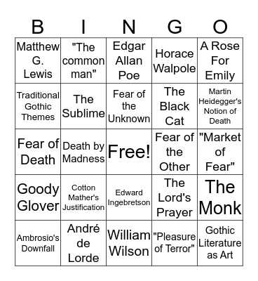 The American Gothic Bingo Card