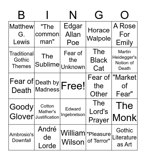 The American Gothic Bingo Card