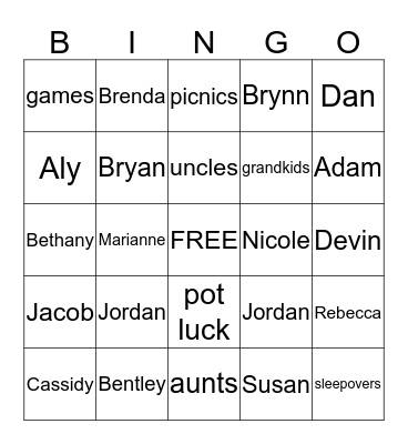 Summer Family Bingo Card