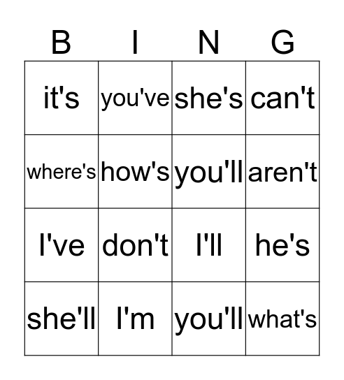 Contractions Bingo Card