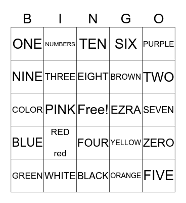 COLORS / NUMBERS 0-10 Bingo Card