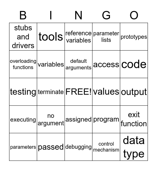C++ Chapter 6: Functions Bingo Card