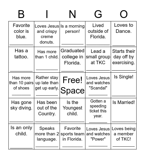 TKCI Small Group Bingo Game Bingo Card