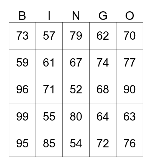 Numbers 51-100 Bingo Card