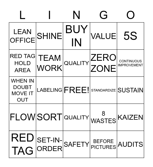 5S Lingo Bingo Card