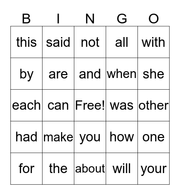Sight Words Bingo Card