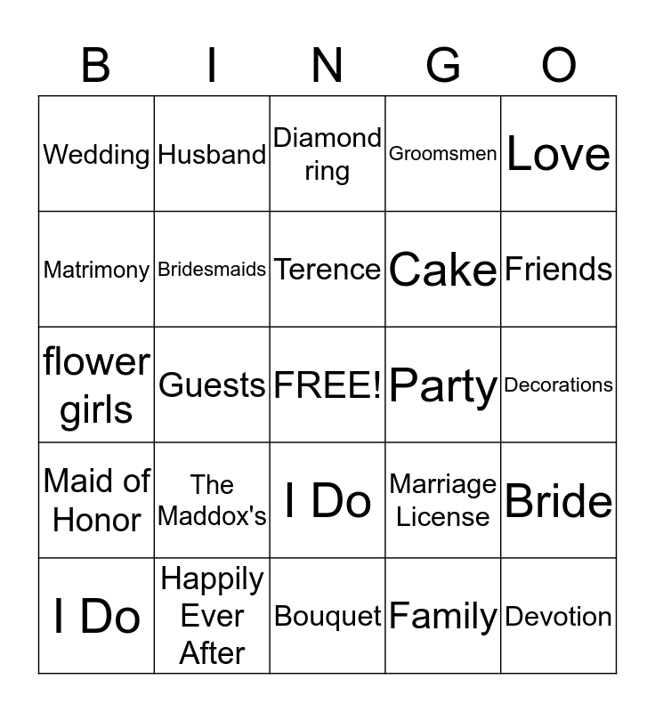 WEDDING Bingo Card