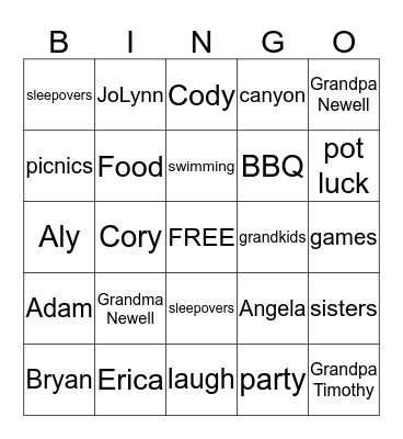 Summer Family Bingo Card