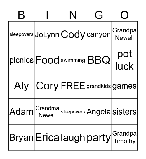 Summer Family Bingo Card
