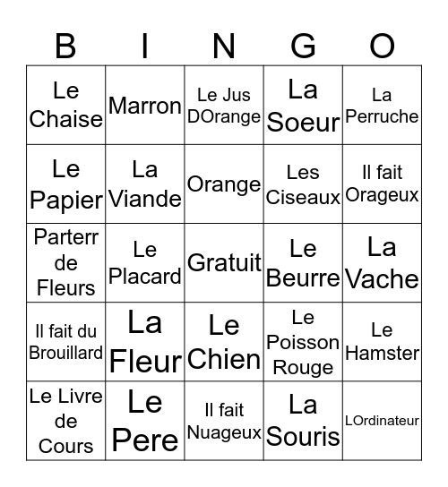 Bingo Francais  Bingo Card