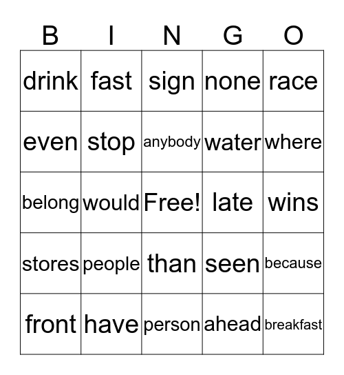 Ready, Set, Go Bingo Card