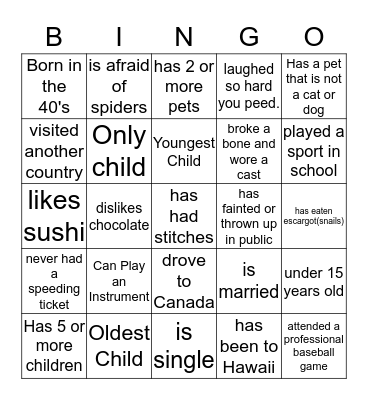 Getting to Know You Bingo Card