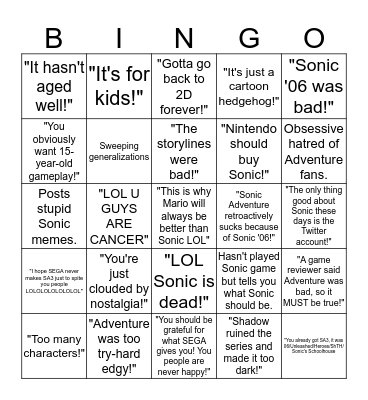 Sonic Adventure Hatedom Bingo Card