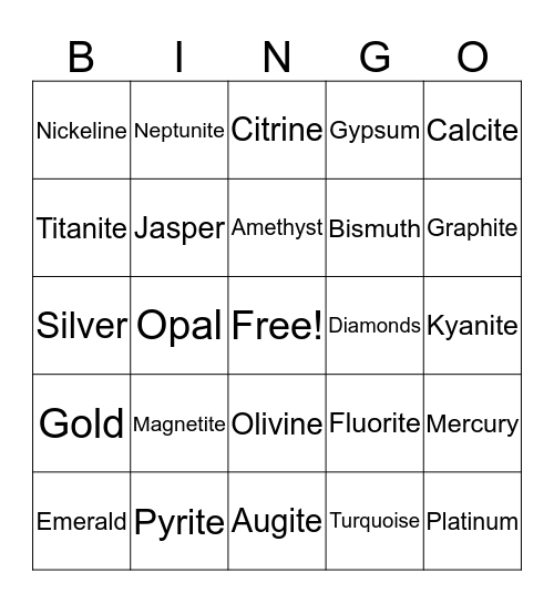 MINERALS Bingo Card